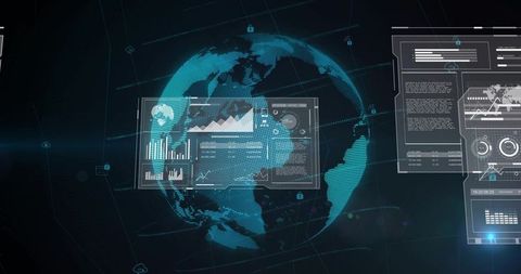 Rotating digital globe projecting holographic hud panels with cybersecurity analytics