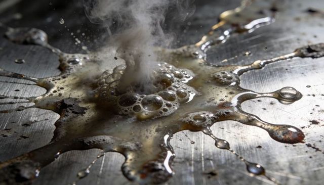 Bubbling amber liquid steaming on hot metal surface with charred debris macro high-detail