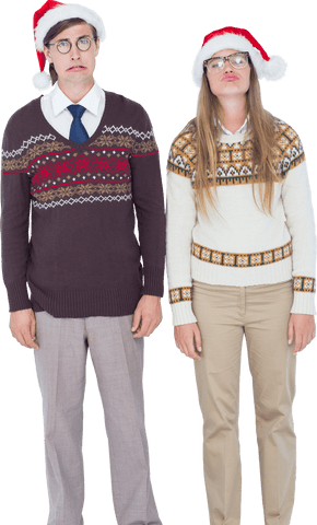 Transparent Geeky Hipster Couple Wearing Santa Hats