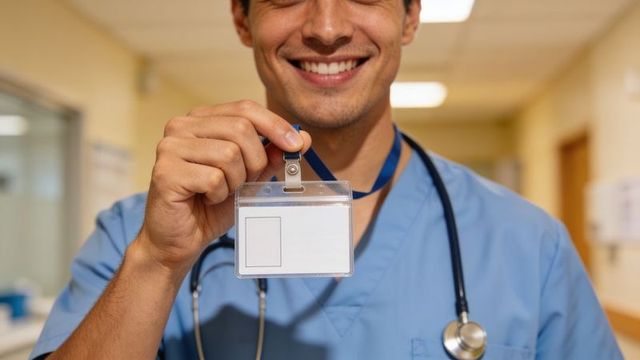 Smiling male healthcare worker in blue scrubs holding blank id badge in hospital corridor