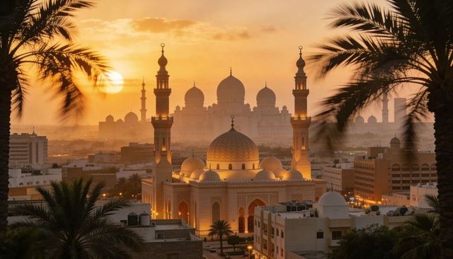 Sunset silhouettes framing golden mosque domes and minarets over hazy urban skyline