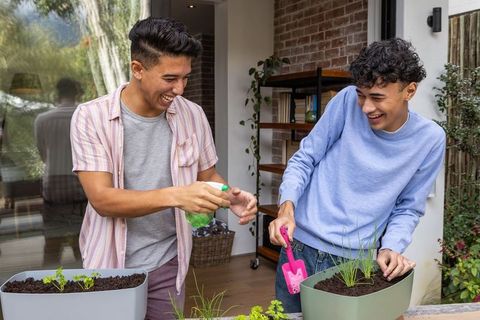 Male friends enjoying gardening together in outdoor urban setting