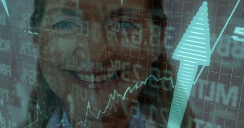 Smiling elderly woman with financial growth data overlay