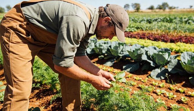 Sunlit farmer inspecting leafy greens on organic small-scale vegetable farm field
