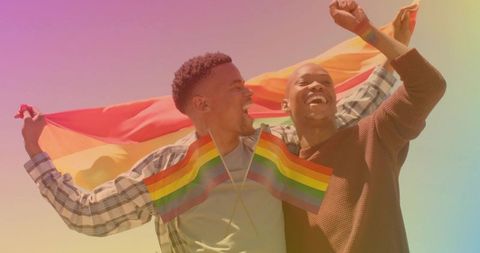 Two men celebrating pride while waving rainbow flag, joyful lgbtq+ couple in sunny open field