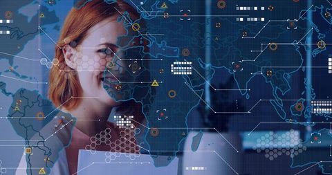 Businesswoman analyzing global data overlay with futuristic hud and world map interface
