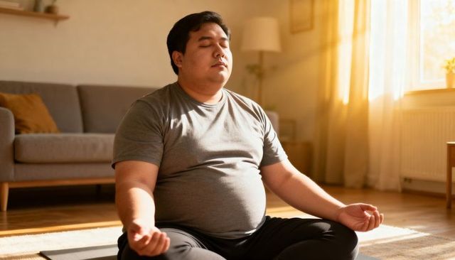 Man meditating on yoga mat in sunny living room morning mindfulness practice