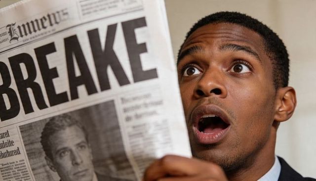 African american businessman reacting to breaking headline while holding newspaper