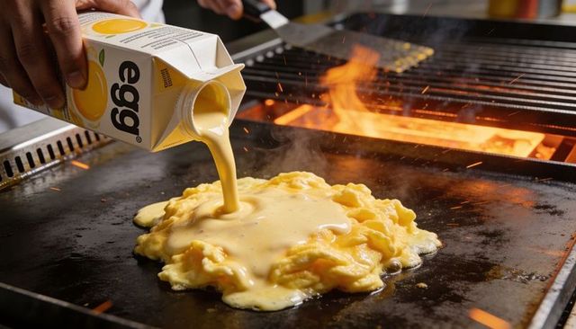Chef pouring liquid egg blend over scrambled eggs on hot griddle with open flame