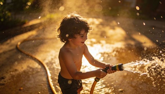 Boy playing with garden hose at golden hour splashing water and laughing on patio