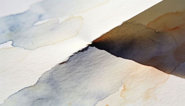Torn watercolor paper seam featuring wet-on-wet blue-gray and sepia washes