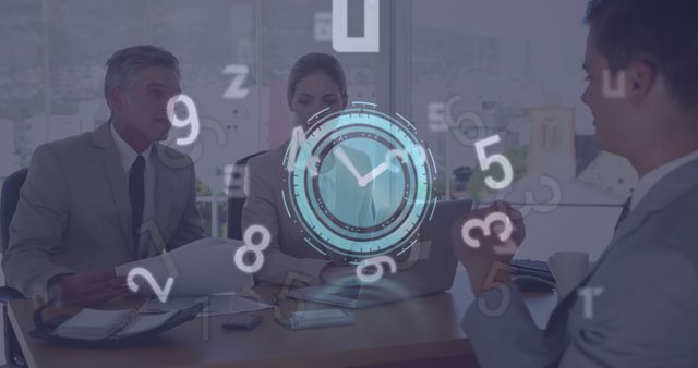 Business Professionals Discussing Project with Futuristic Digital Clock Overlay - Download Free Stock Images Pikwizard.com