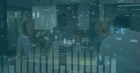 Collaborating team analyzing market data with candlestick charts overlay, office boardroom