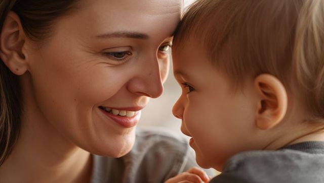 Mother and baby touching foreheads smiling closeup showing bond and tender connection