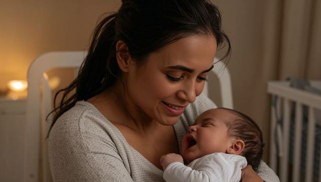 Mother cradling yawning newborn in cozy nursery rocker, smiling and bonding at bedtime