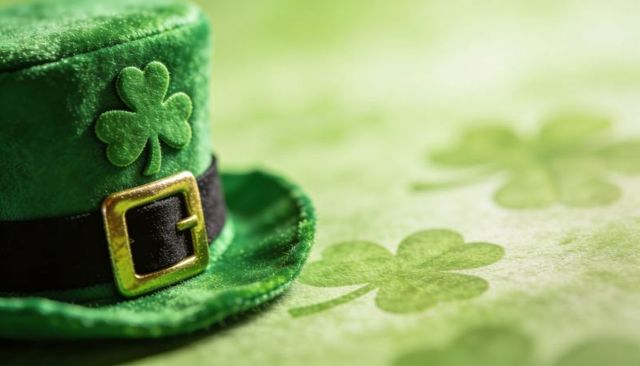 Green Felt Leprechaun Hat with Shamrock Patch and Gold Buckle on Clover Background
