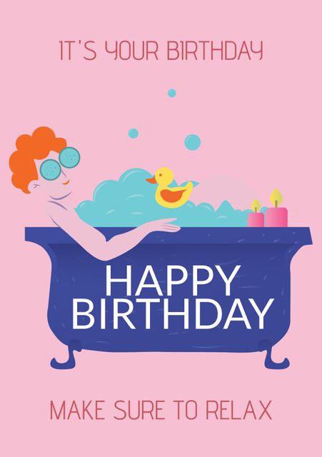 Cheerful birthday card design featuring a person relaxing in a bubble bath with a rubber duck, lit candles, and a 'Happy Birthday' message. Ideal for gifting to friends and family to wish them relaxation and happiness. Great for birthday invitations, social media posts, or decorative prints.