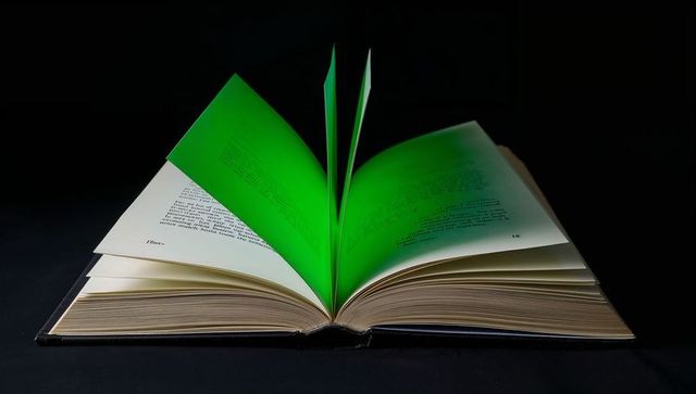 Open hardcover book featuring glowing green pages on black backdrop for editorial design