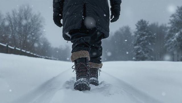 Solo Winter Trek Along Snowy Trail in Fuzzy Boots