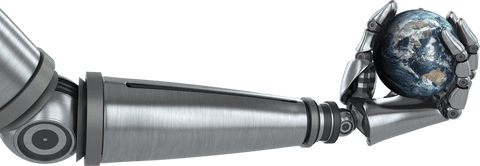 Transparent robotic arm holding globe for global technology concept