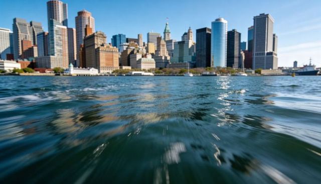 Gliding harbor water reflecting downtown skyline, rippling wake and sunlight on waves