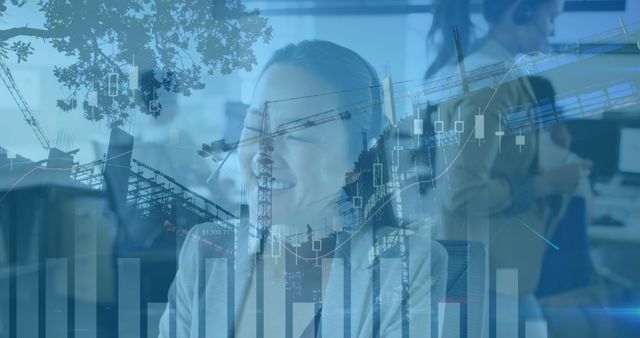 Businesswoman Analyzing Financial Growth with Overlay of Construction Projects - Download Free Stock Images Pikwizard.com