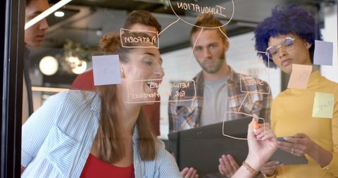 Diverse team brainstorming with glass board diagrams