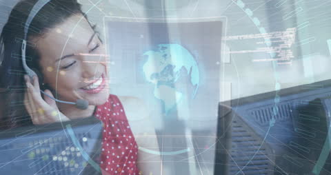 Smiling Call Center Agent Engages in Futuristic Global Communication