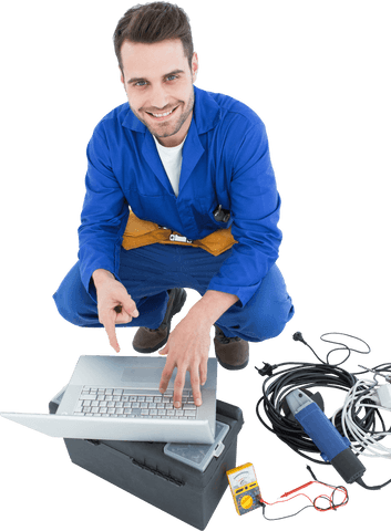 Transparent Smiling Electrician Using Laptop with Equipment - Download Free Stock Videos Pikwizard.com