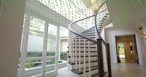 Sunlit spiral staircase curling through modern luxury foyer with green binary data overlay