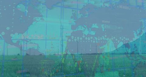 Futuristic digital ecology with wind turbines and global data map