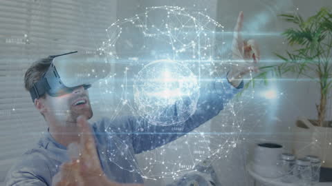 Man Using VR Headset Interacting with Digital Globe