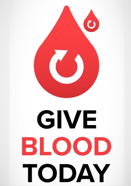 Digital composite image of give blood today text with return symbol on drop against white background. healthcare and awareness.
