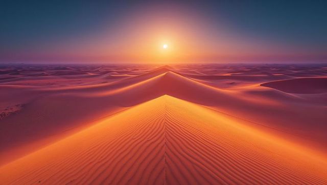 Glowing Sand Dunes at Sunset in Tranquil Desert Landscape
