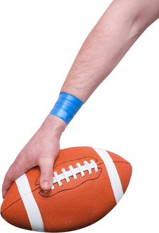 Transparent american football player holding ball with blue wristband