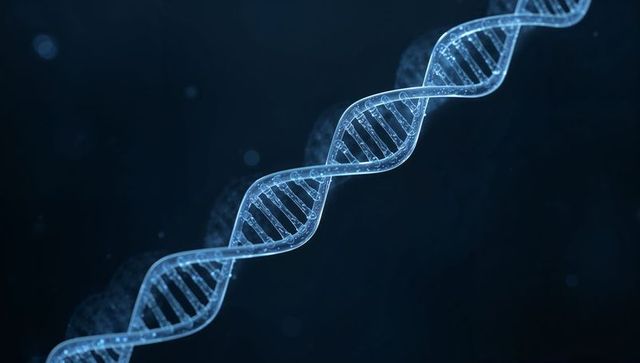 Glowing dna double helix twisting diagonally in futuristic blue molecular visualization