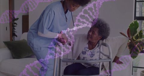 Healthcare worker assisting elderly patient amid dna overlay
