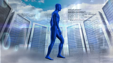 Digital Integration with Human-Like Figure Amid Server Arrays