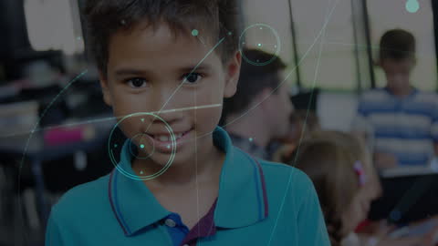 Smiling Hispanic Boy in Technology-Enhanced Classroom