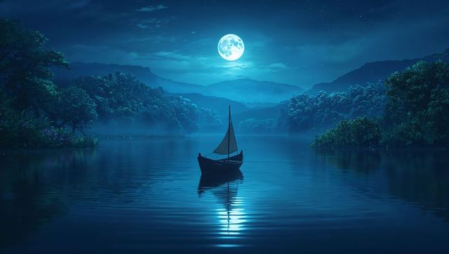 Tranquil Sailboat Under Moonlit Night on Serene Lake