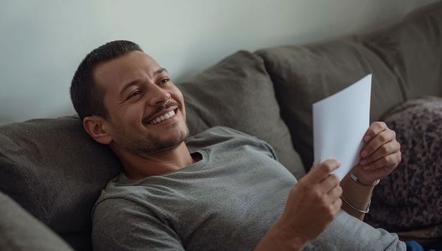 Smiling man reclining on gray sofa holding letter, wearing wristwatch, enjoying relaxed home moment