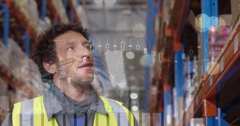 Warehouse worker scanning inventory with analytics overlay, high-visibility vest