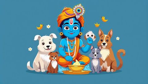 Divine blue deity joyfully surrounded by playful puppies