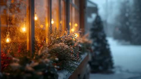 Window garland glowing with hanging bulbs, snow falling at dusk, condensation beading on panes