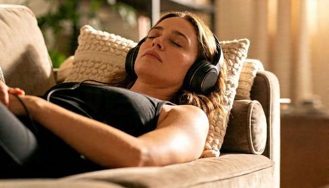 Woman relaxing on sofa wearing headphones in cozy living room light with greenery