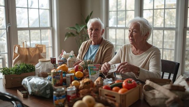 Senior couple counting cash while sorting groceries at sunny kitchen table