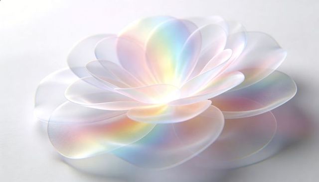Iridescent translucent flower sculpture with pastel rainbow petals on white surface