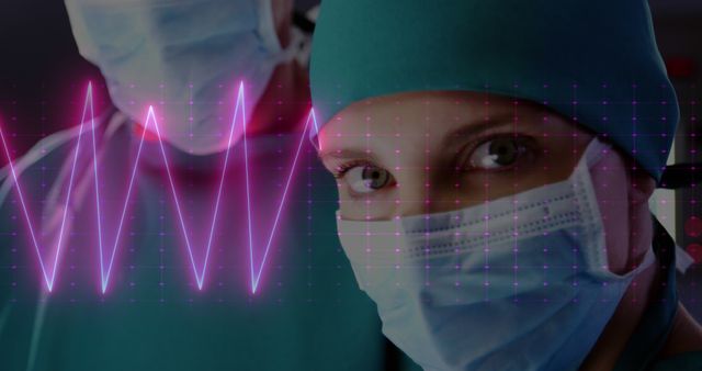Image of heart rate monitor against caucasian female surgeon wearing surgical mask at hospital. Medical healthcare technology concept