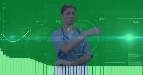 Teenage female medical trainee pointing at holographic hud with healthcare analytics interface