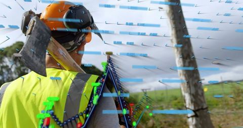 Worker with axe overlaid by finance data concept